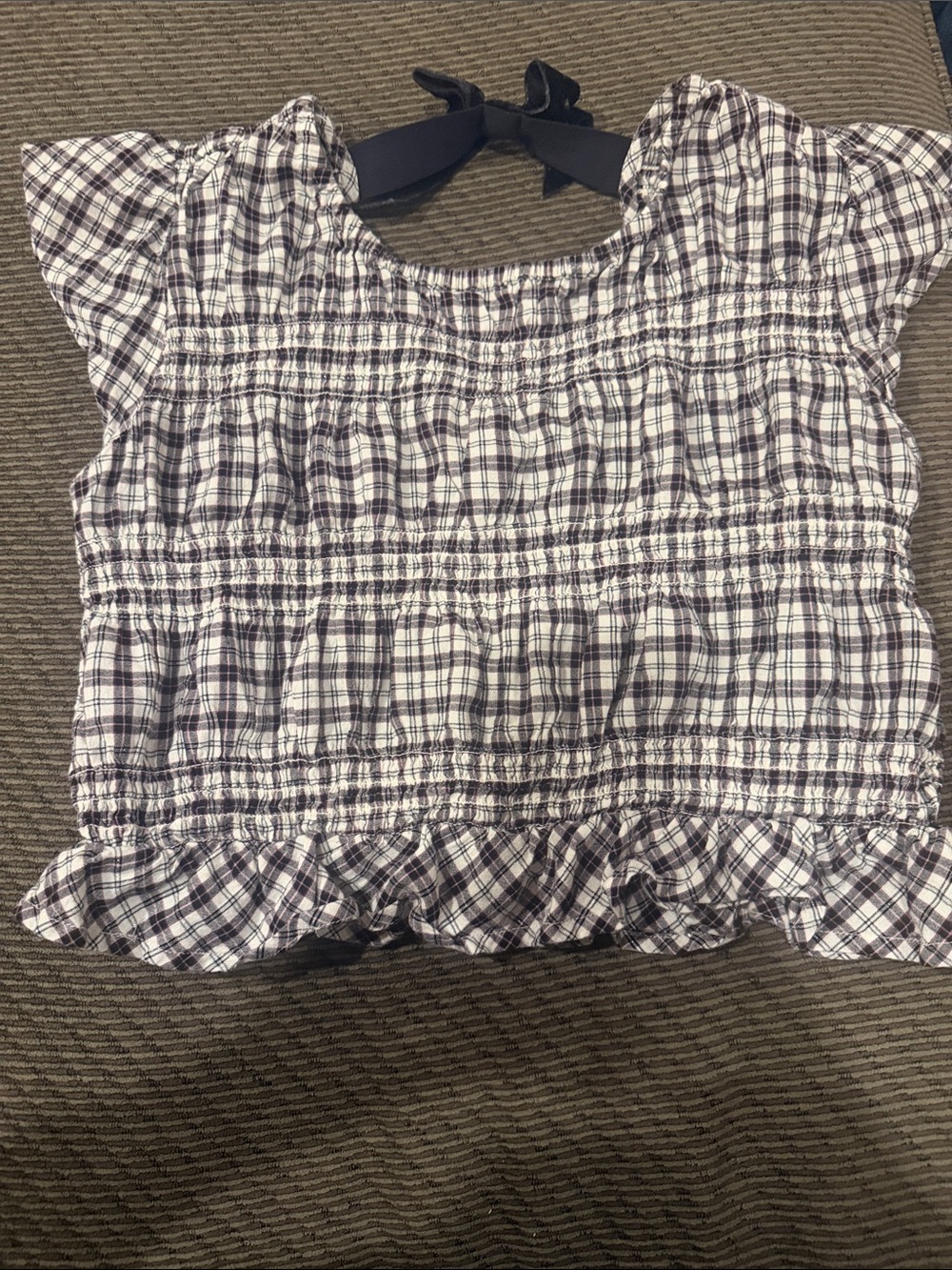 Old Navy White and Navy Plaid Smocked Ruffle Top